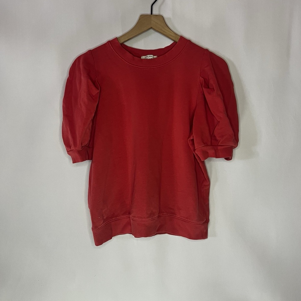 Z Supply Shirt Women‎ Size Medium Pink Crewneck Puff Sleeve Sweatshirt Blouse